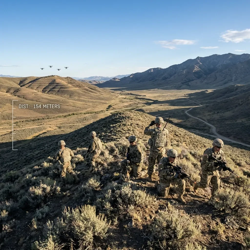 Squad-level drone defense — soldiers facing oncoming drone squadron
